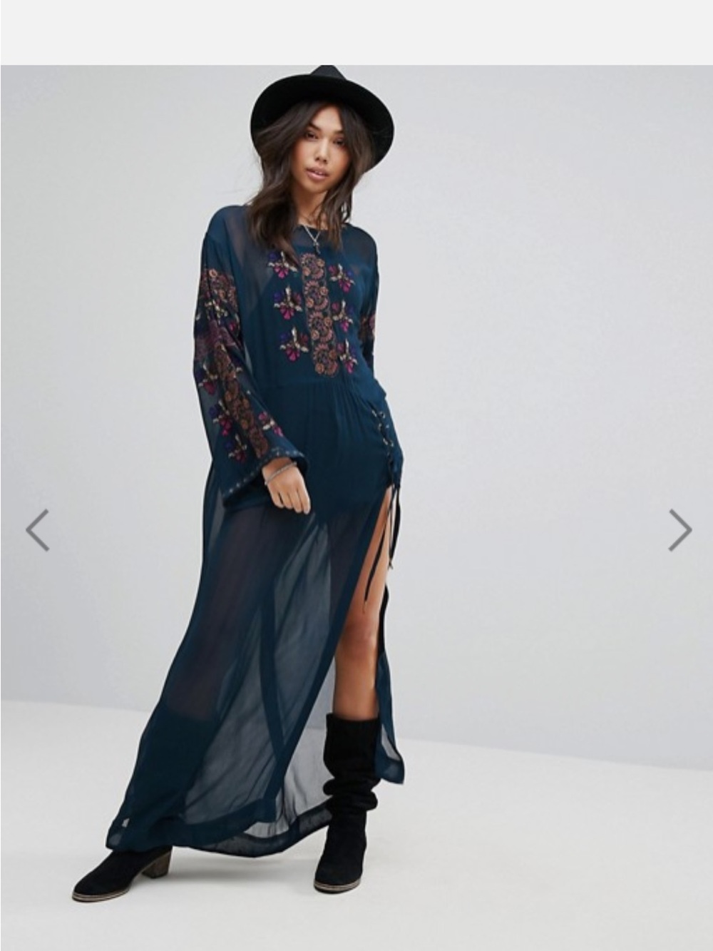 Free People Navy Maxi Dress with Floral Embroidery
